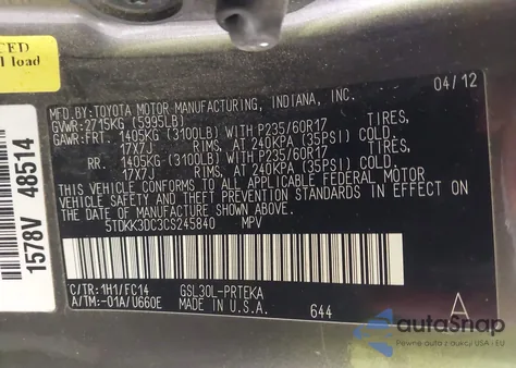 2012 Toyota Sienna Le V6 8 Passenger from USA, damaged, VIN 5TDKK3DC3CS245840